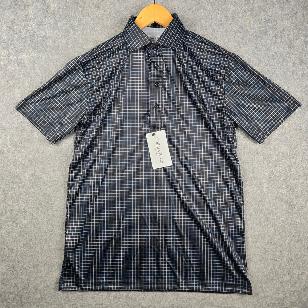 Collars & Co. Dress Collar Polo Mens Small Black Grid Performance Golf Shirt NWT